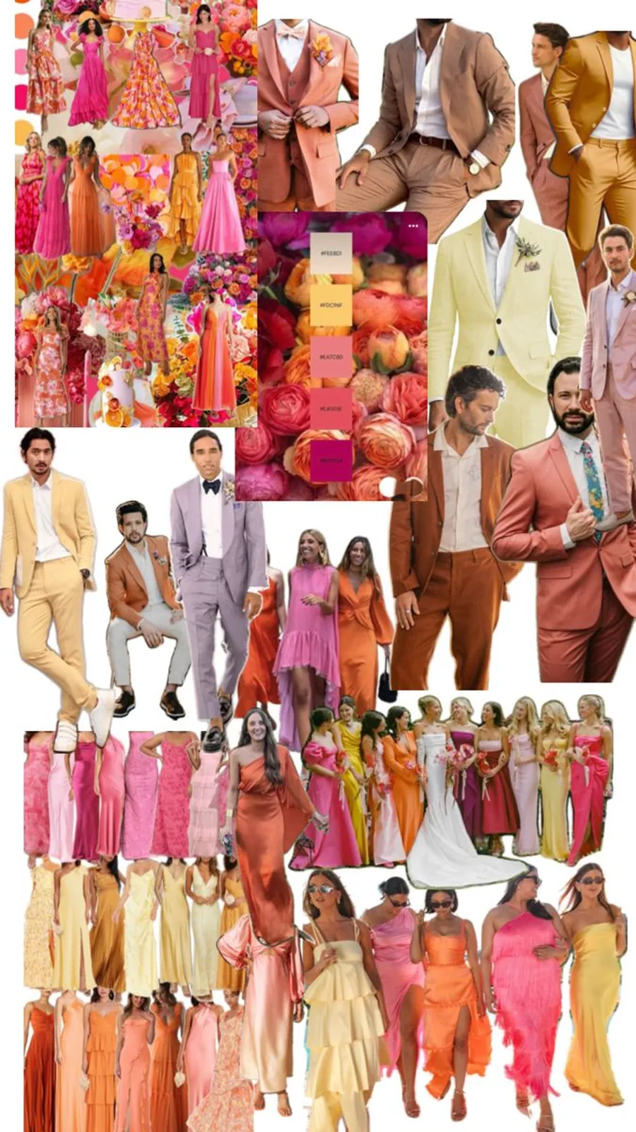 Planche d’inspiration : robes, costumes et fleurs aux couleurs du coucher de soleil